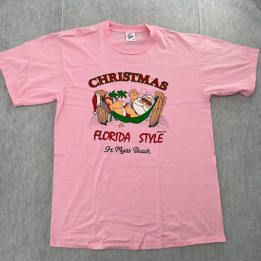 VINTAGE Christmas Shirt Adult Extra Large Pink Santa Clause Florida Mens XL 80s